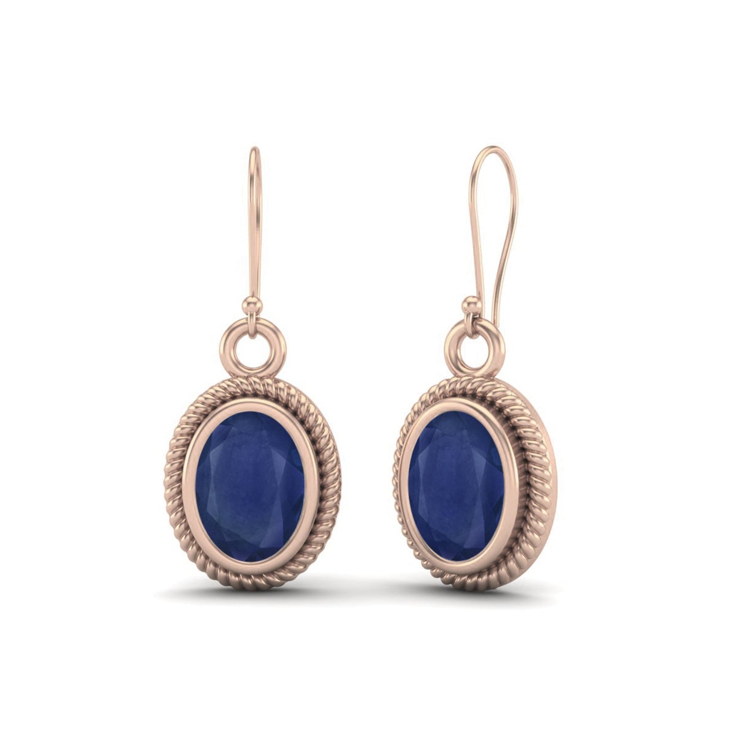 Blue Sapphire 2.00 Ct Vintage Rope Oval Drop Earrings - 14k Yellow Gold-6