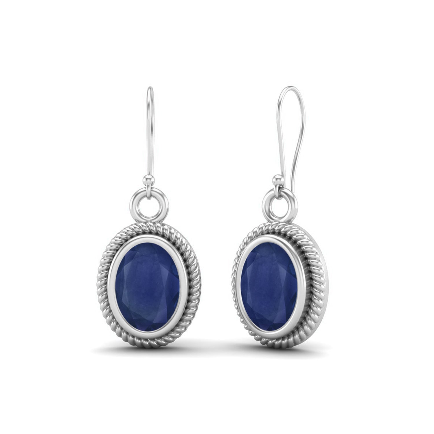 Blue Sapphire 2.00 Ct Vintage Rope Oval Drop Earrings - 14k Yellow Gold-5