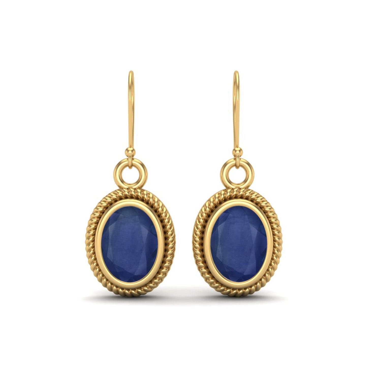 Blue Sapphire 2.00 Ct Vintage Rope Oval Drop Earrings - 14k Yellow Gold-0