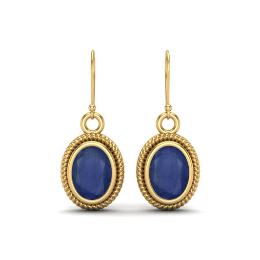 Blue Sapphire 2.00 Ct Vintage Rope Oval Drop Earrings - 14k Yellow Gold-0