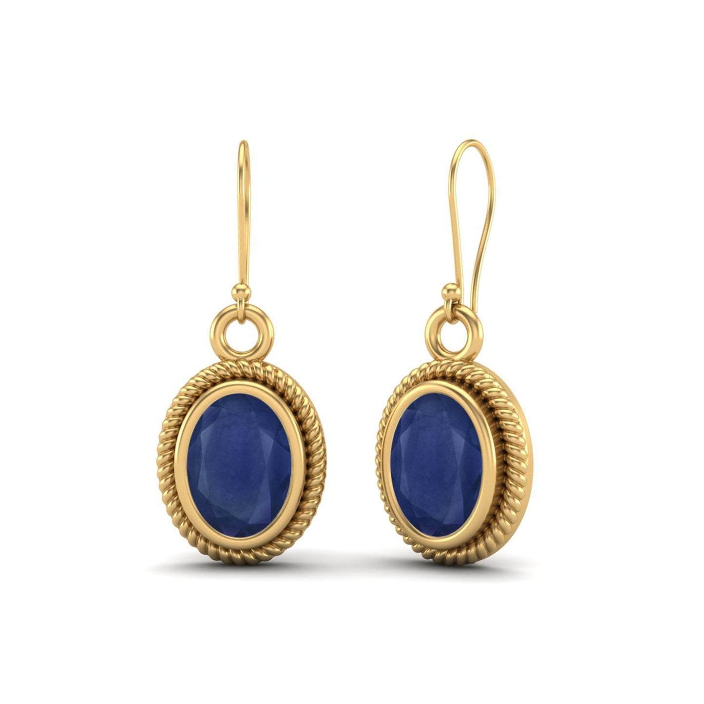 Blue Sapphire 2.00 Ct Vintage Rope Oval Drop Earrings - 14k Yellow Gold-2
