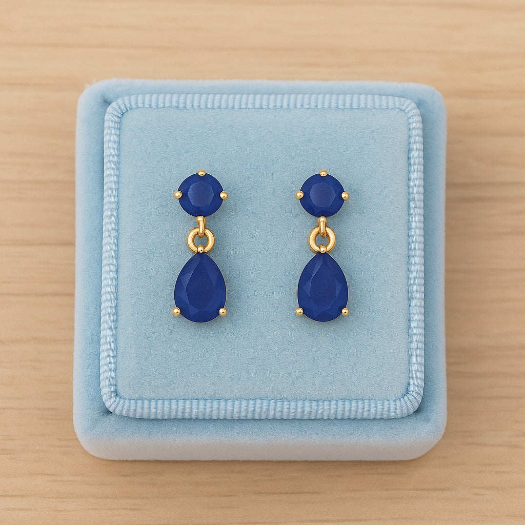 Blue Sapphire 2.08 Ct Pear Drop Dangle Earrings- 14k Yellow Gold-2