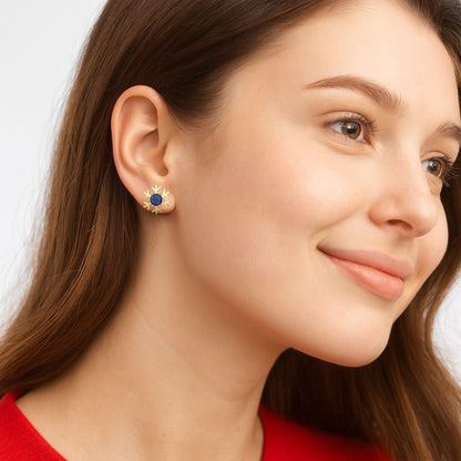 Blue Sapphire 1.30 Ct Round Snowflake Stud Earrings - 14k Yellow Gold-1