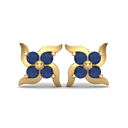 Blue Sapphire 0.65 Ct Round Floral Cluster Stud Earrings - 14k Yellow Gold-3