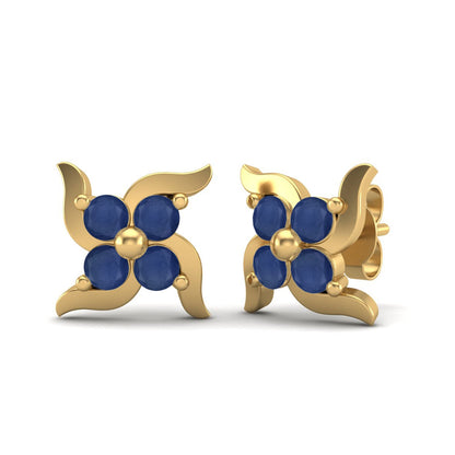 Blue Sapphire 0.65 Ct Round Floral Cluster Stud Earrings - 14k Yellow Gold-0