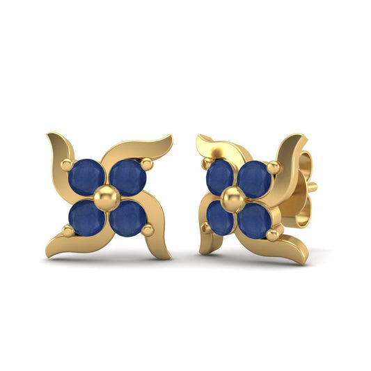 Blue Sapphire 0.65 Ct Round Floral Cluster Stud Earrings - 14k Yellow Gold-0
