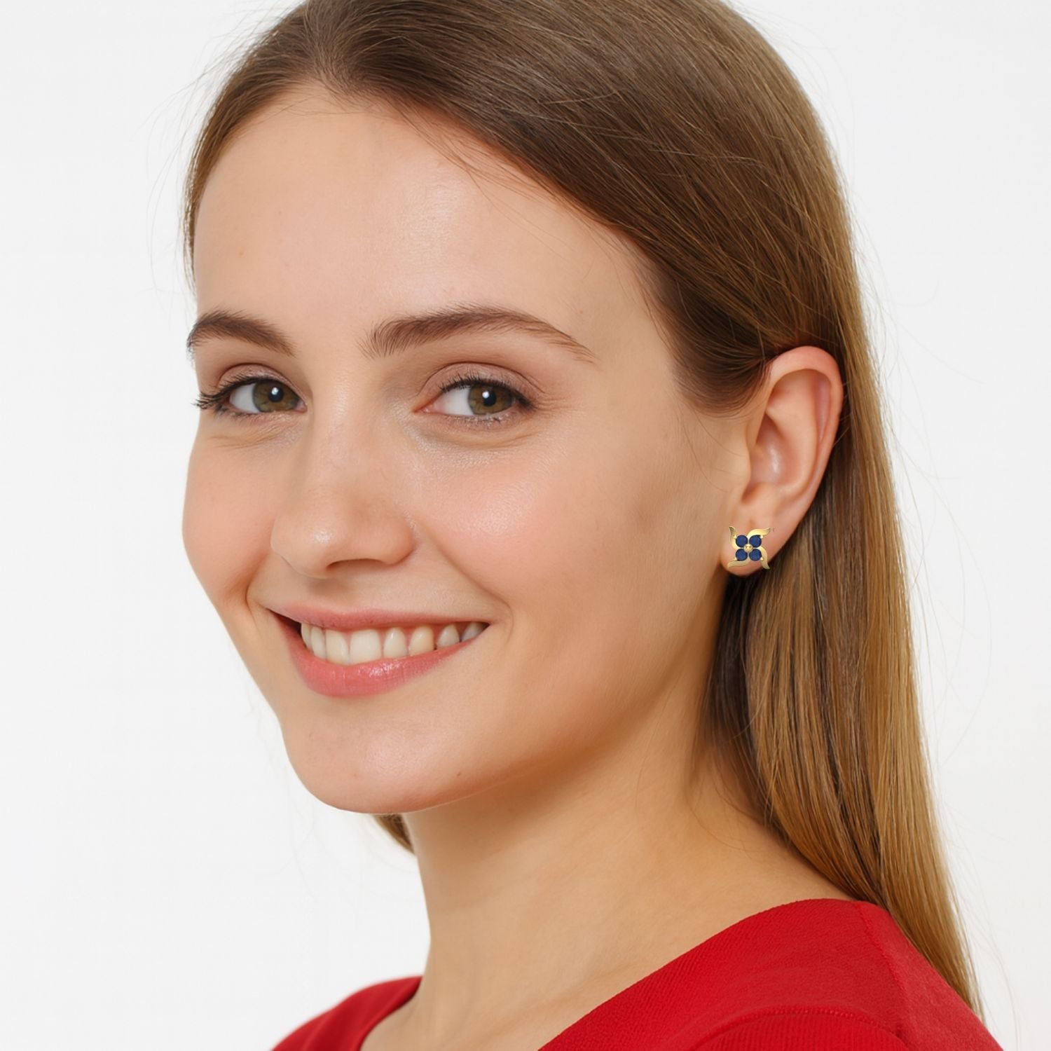 Blue Sapphire 0.65 Ct Round Floral Cluster Stud Earrings - 14k Yellow Gold-1