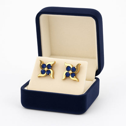 Blue Sapphire 0.65 Ct Round Floral Cluster Stud Earrings - 14k Yellow Gold-2