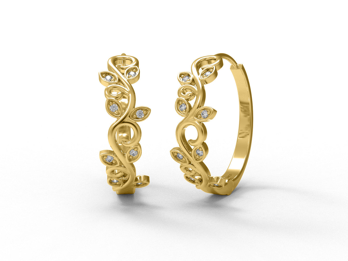 Leaf Vine Moissanite Hoop Earrings –  14k Yellow Gold-0