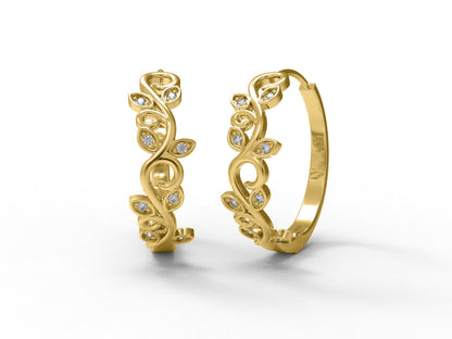 Leaf Vine Moissanite Hoop Earrings –  14k Yellow Gold-0