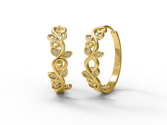 Leaf Vine Moissanite Hoop Earrings –  14k Yellow Gold-0