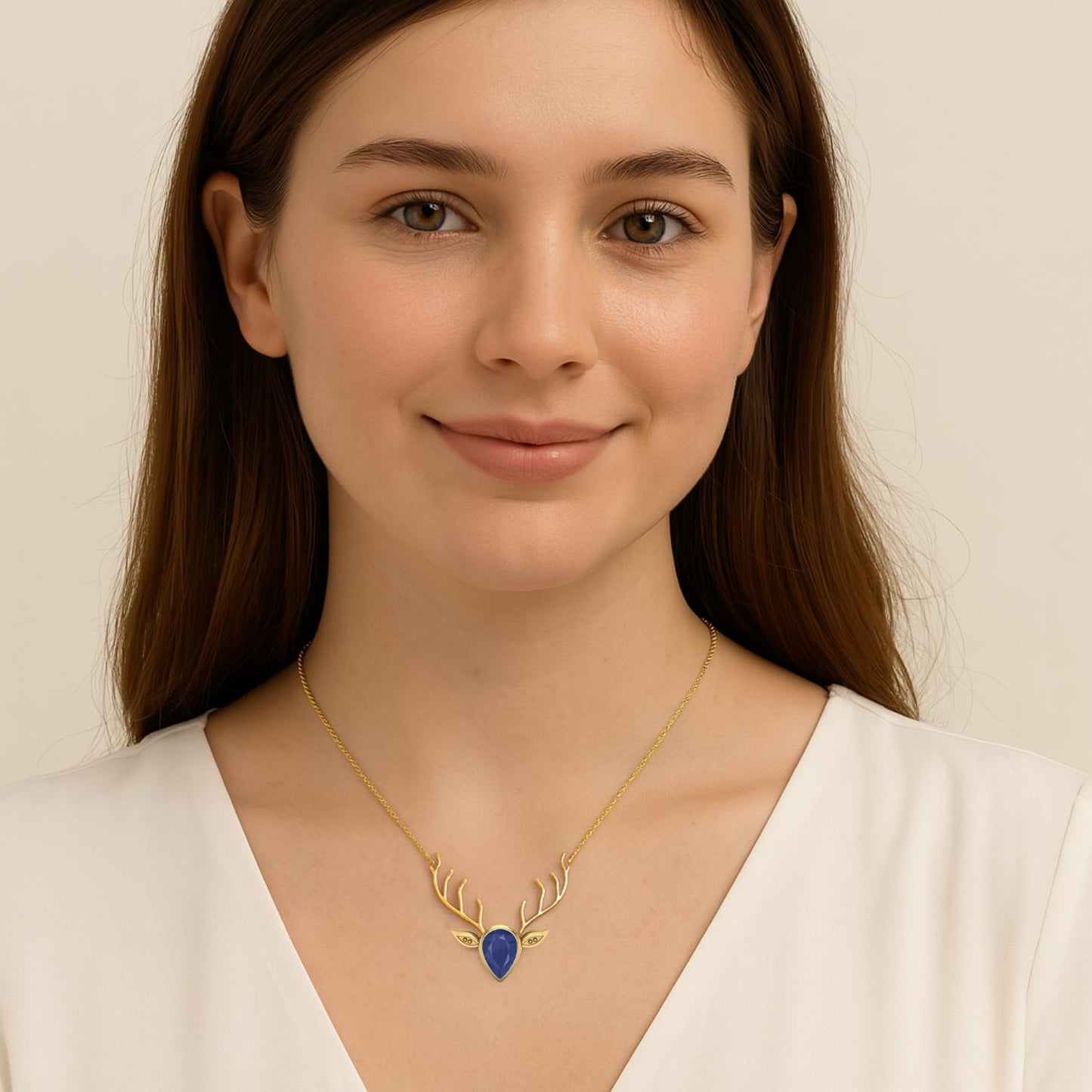 Blue Sapphire Pear 1.00 Ctw Deer Antler Design Necklace – 14k Yellow Gold-1