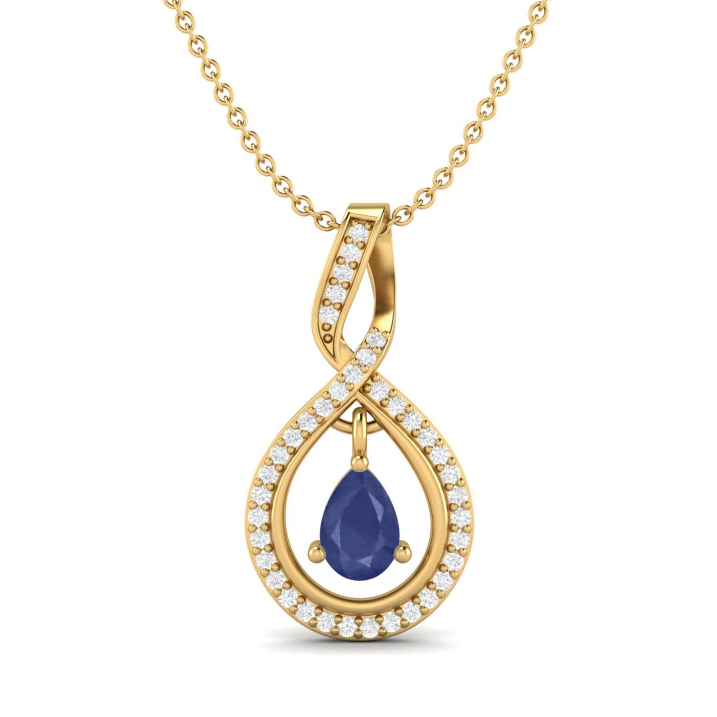 Blue Sapphire Pear 0.70 Ct Infinity Teardrop Halo Necklace -14k Yellow Gold-0