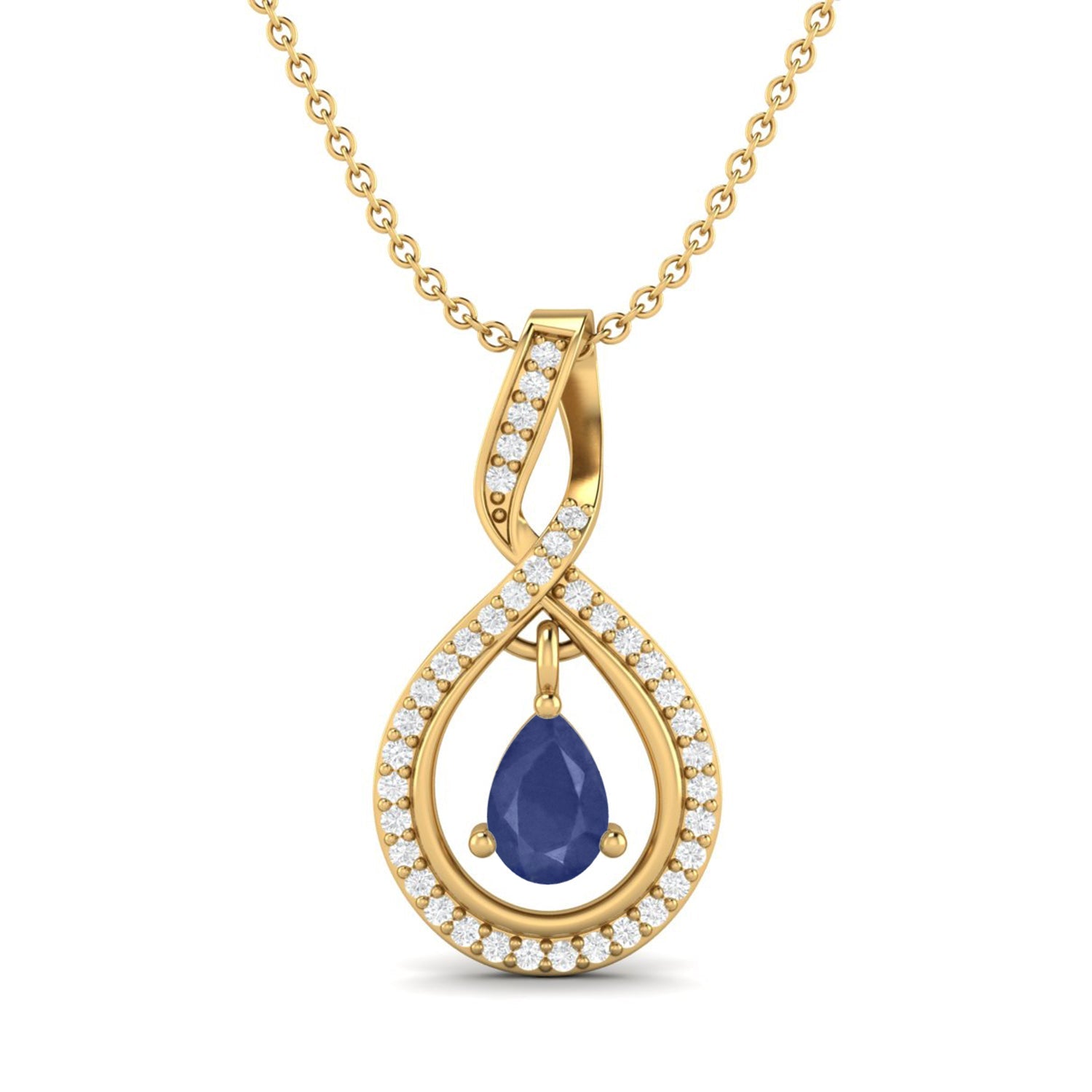 Blue Sapphire Pear 0.70 Ct Infinity Teardrop Halo Necklace -14k Yellow Gold-0