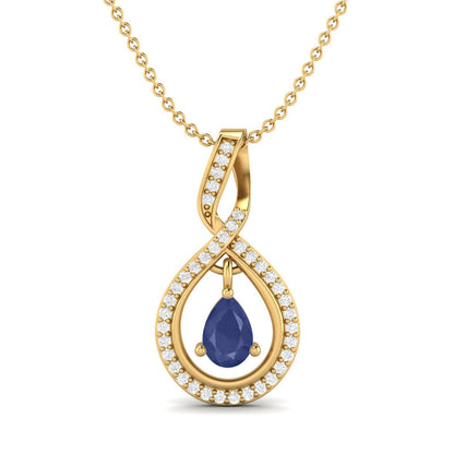 Blue Sapphire Pear 0.70 Ct Infinity Teardrop Halo Necklace -14k Yellow Gold-0
