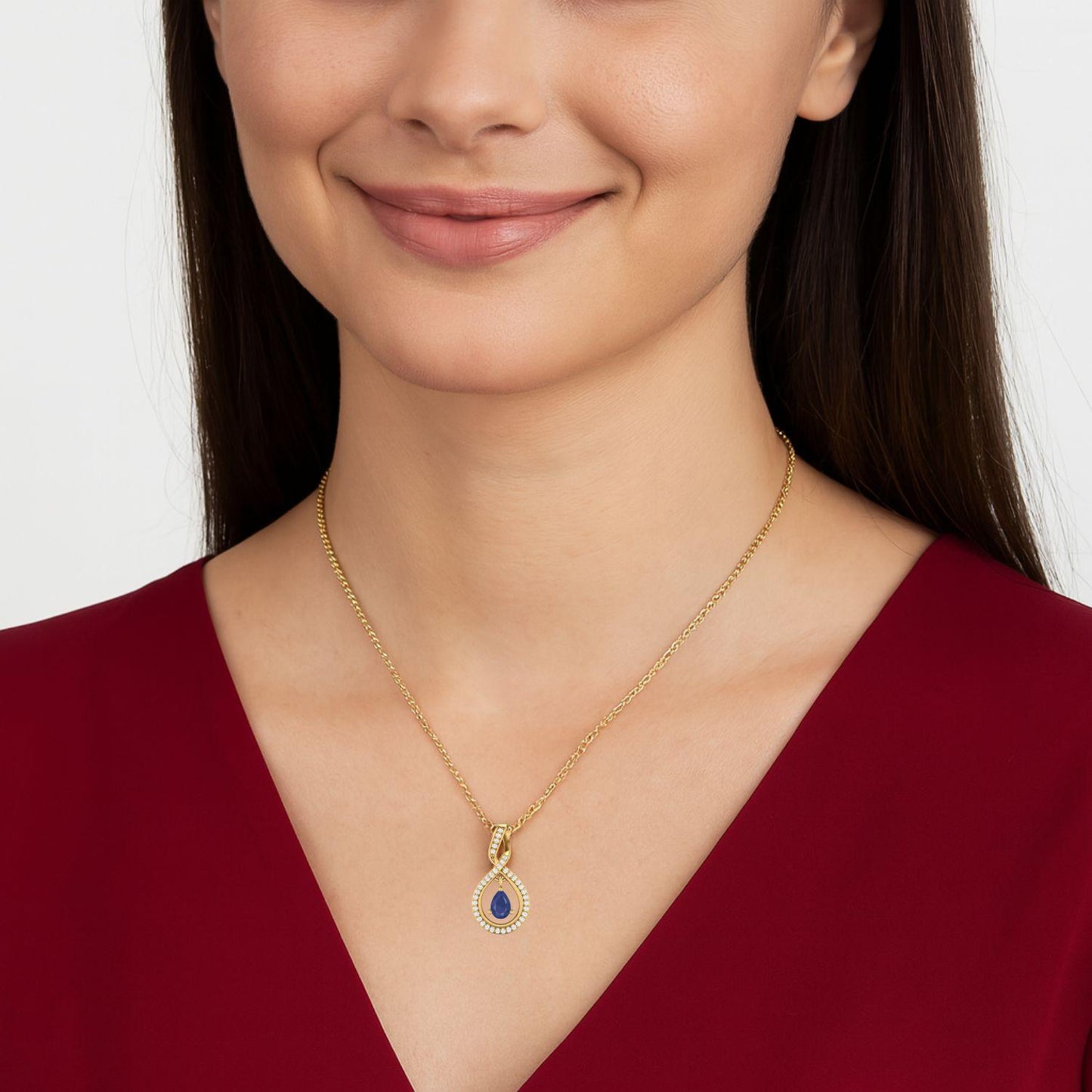 Blue Sapphire Pear 0.70 Ct Infinity Teardrop Halo Necklace -14k Yellow Gold-1