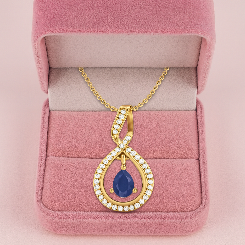 Blue Sapphire Pear 0.70 Ct Infinity Teardrop Halo Necklace -14k Yellow Gold-2