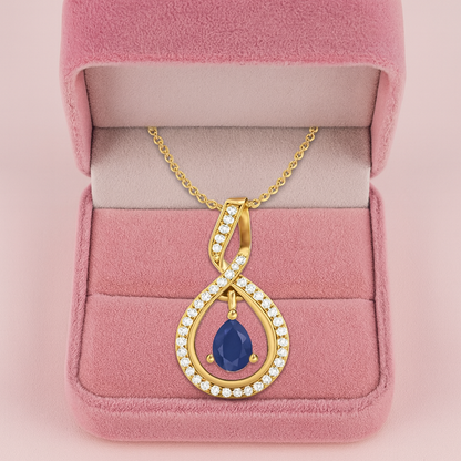 Blue Sapphire Pear 0.70 Ct Infinity Teardrop Halo Necklace -14k Yellow Gold-2