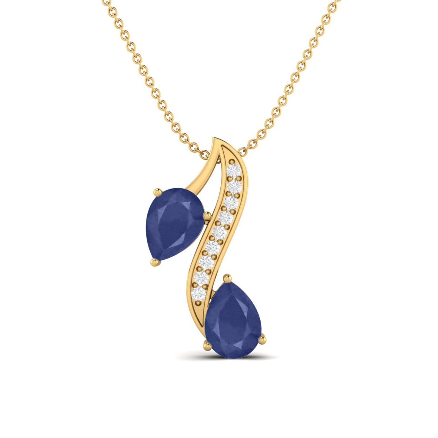Blue Sapphire Dual Drop Wave Design Pendant - 9K Yellow Gold-0