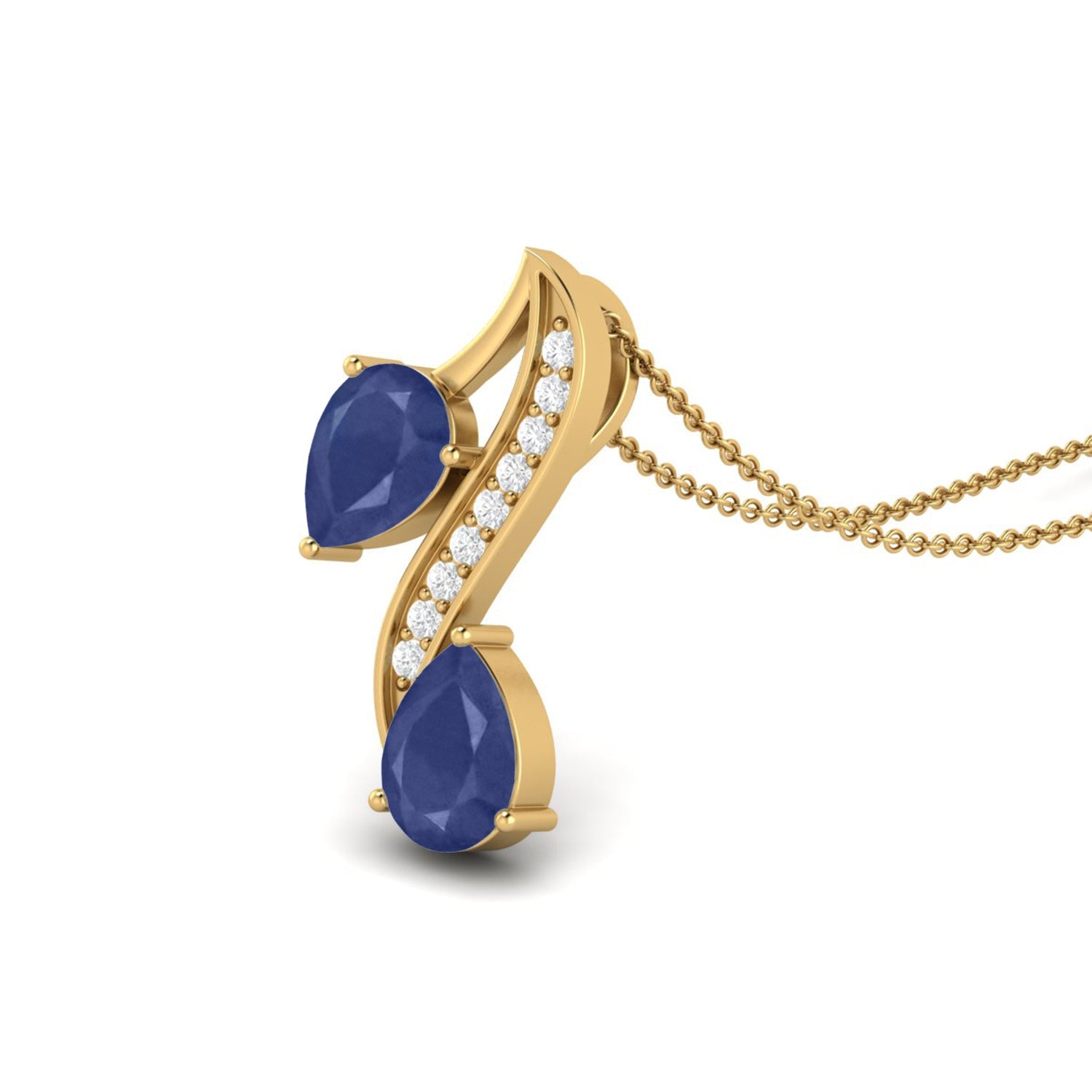 Blue Sapphire Dual Drop Wave Design Pendant - 9K Yellow Gold-2
