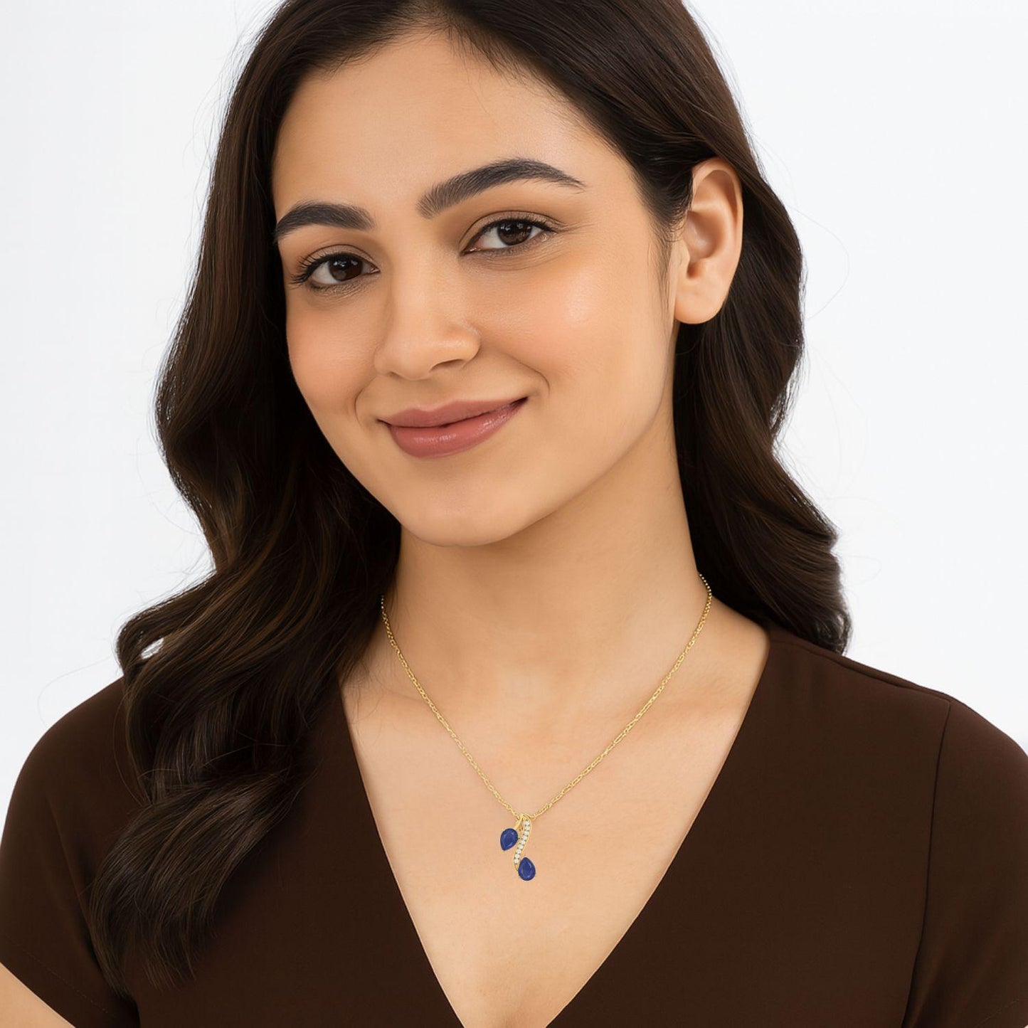 Blue Sapphire Twin Pear 2.00 Ct Curved Accent Necklace - 14k Yellow Gold-1