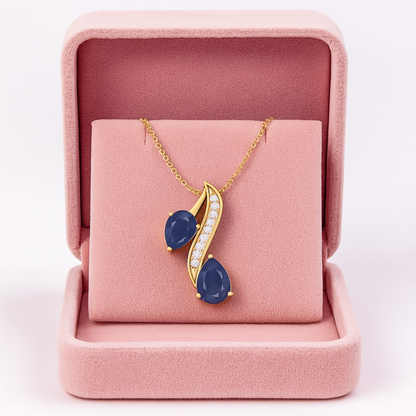Blue Sapphire Twin Pear 2.00 Ct Curved Accent Necklace - 14k Yellow Gold-5