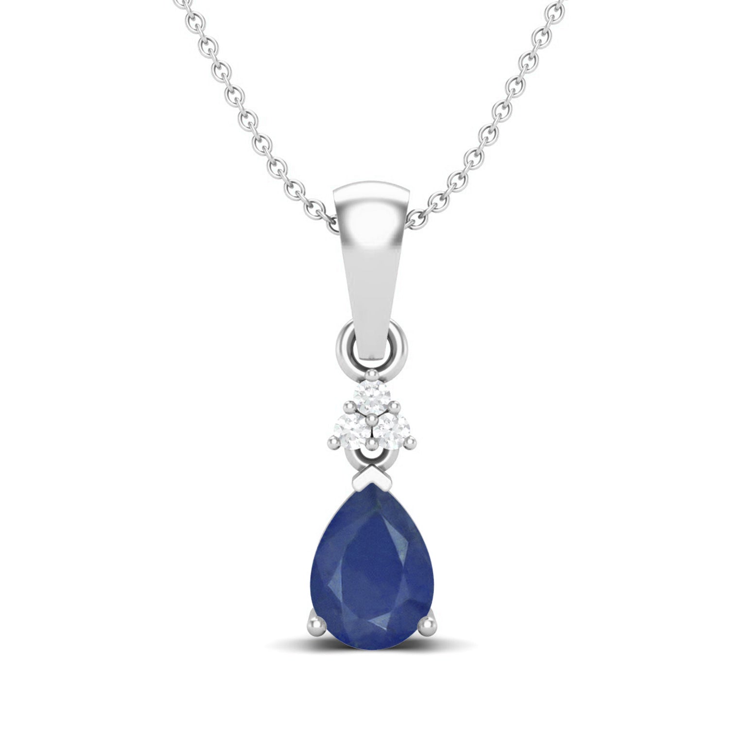 Blue Sapphire Pear 1.00 Ct Classic Trio Accent Necklace - 14k Yellow Gold-4