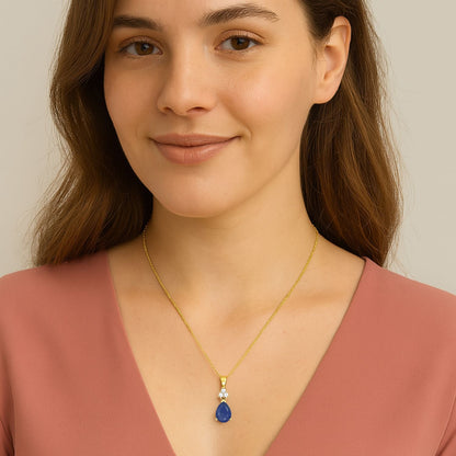 Blue Sapphire Tear Drop Pendant - 9K Yellow Gold-1