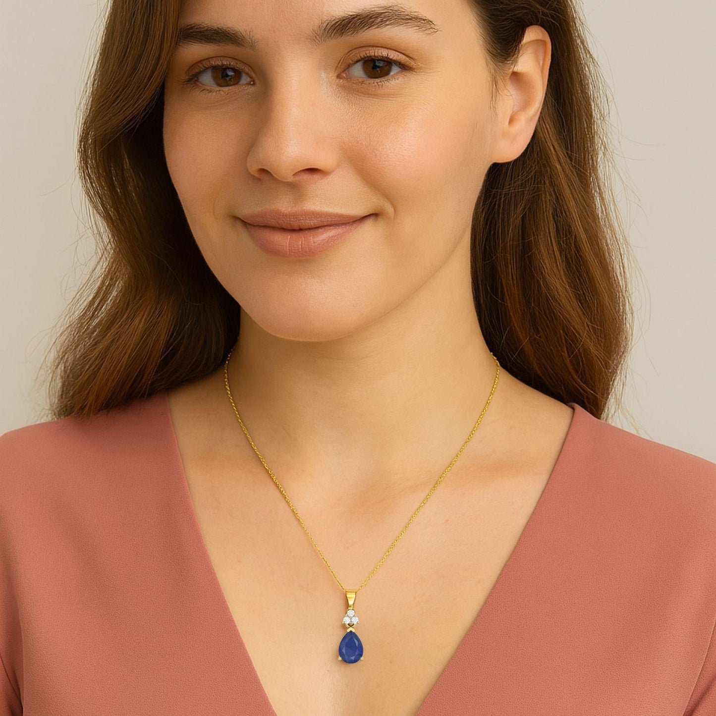 Blue Sapphire Pear 1.00 Ct Classic Trio Accent Necklace - 14k Yellow Gold-1