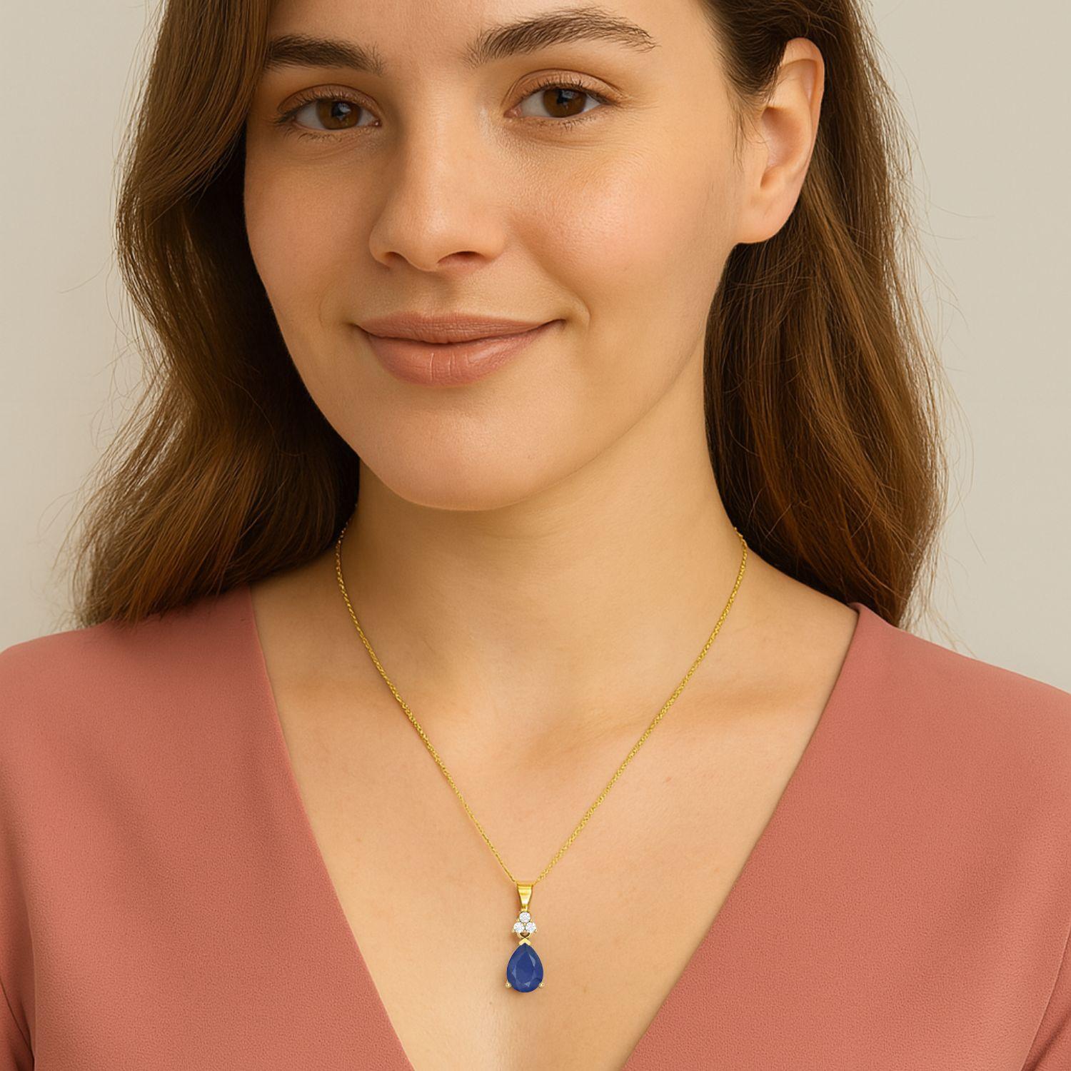 Blue Sapphire Pear 1.00 Ct Classic Trio Accent Necklace - 14k Yellow Gold-1