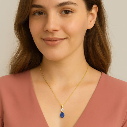 Blue Sapphire Pear 1.00 Ct Classic Trio Accent Necklace - 14k Yellow Gold-1