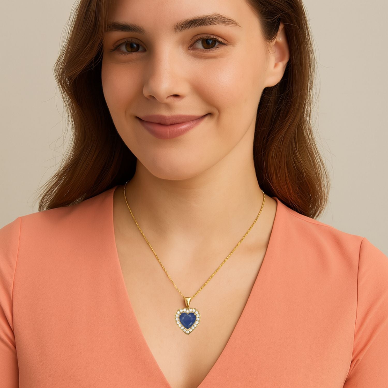 Blue Sapphire Halo Necklace - 9K Yellow Gold-1