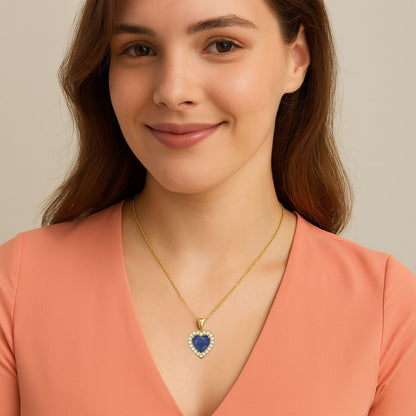 Blue Sapphire Halo Necklace - 9K Yellow Gold-1