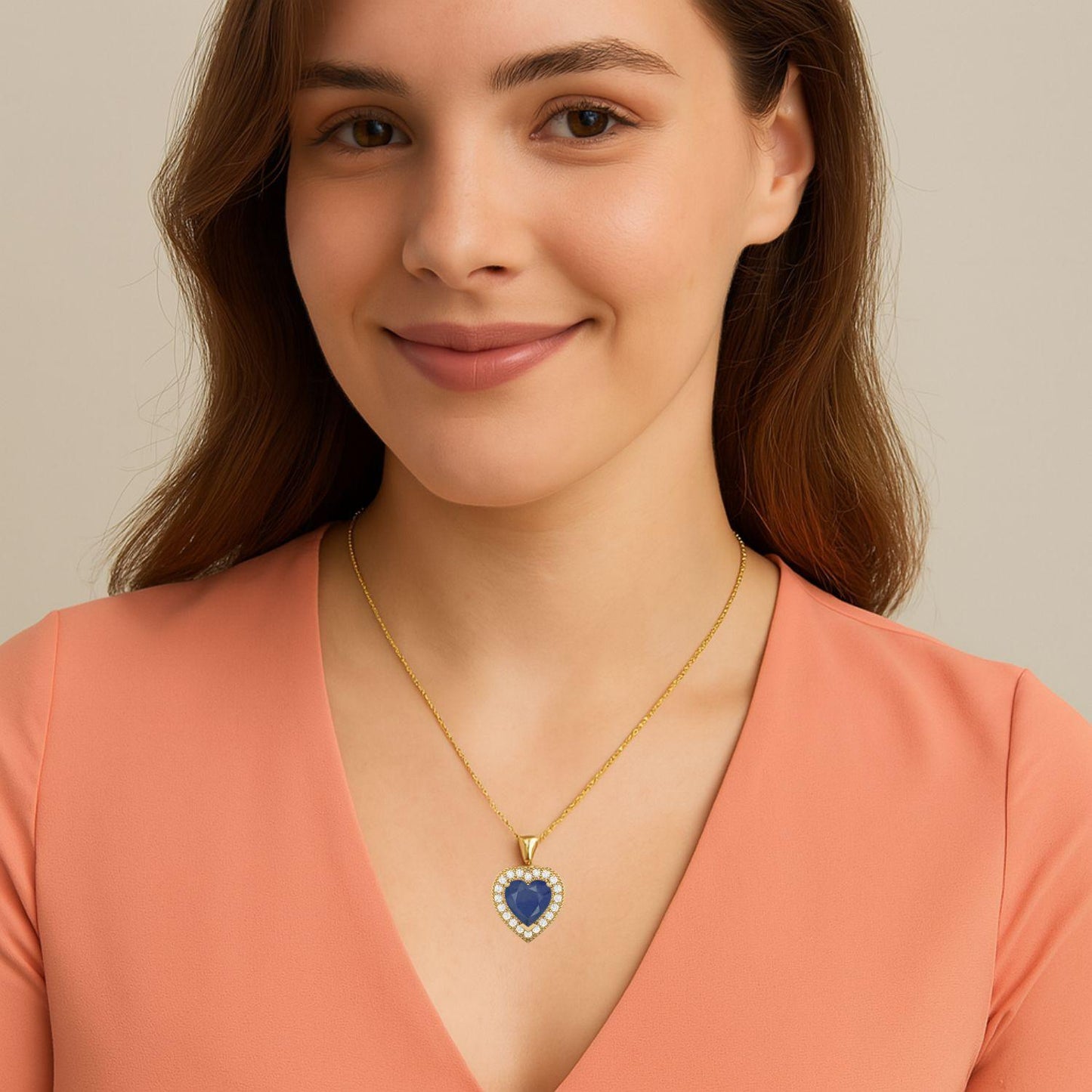 Blue Sapphire Heart 1.20 Ct Halo Love Design Necklace - 14k Yellow Gold-1