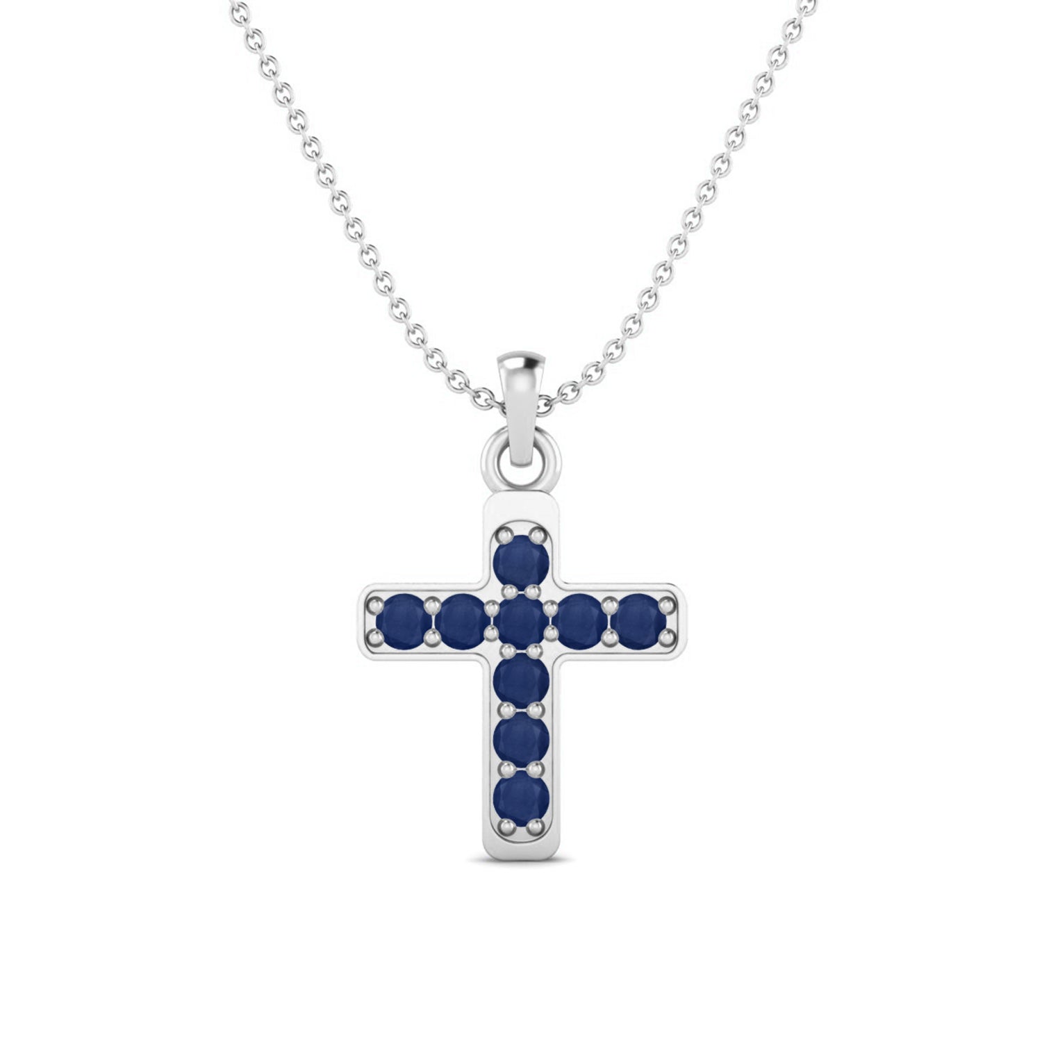 Blue Sapphire 1.35 Ct Round Cluster Cross Necklace - 14k Yellow Gold-2