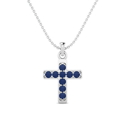 Blue Sapphire 1.35 Ct Round Cluster Cross Necklace - 14k Yellow Gold-2