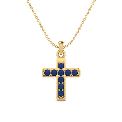 Blue Sapphire 1.35 Ct Round Cluster Cross Necklace - 14k Yellow Gold-0