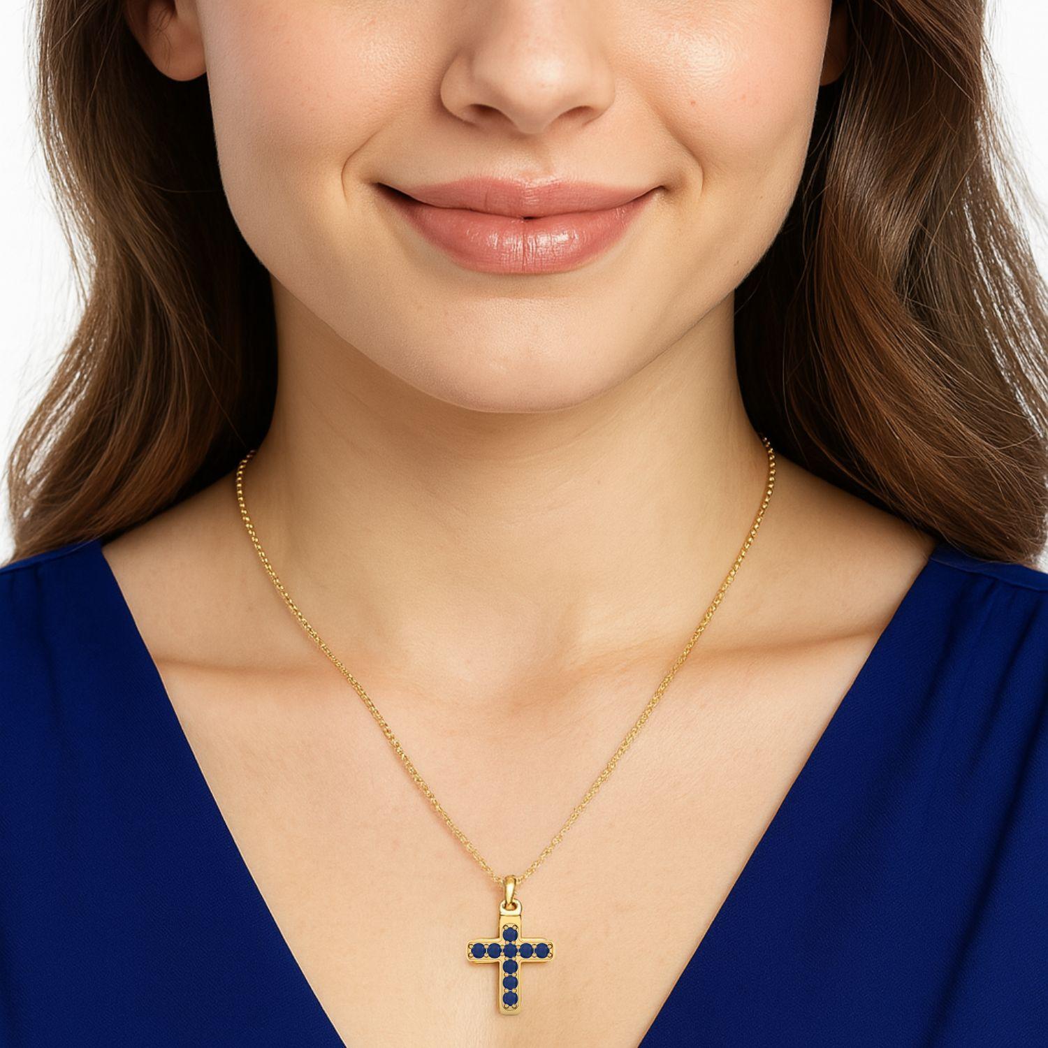 Blue Sapphire 1.35 Ct Round Cluster Cross Necklace - 14k Yellow Gold-1
