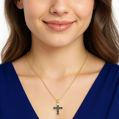 Blue Sapphire 1.35 Ct Round Cluster Cross Necklace - 14k Yellow Gold-1
