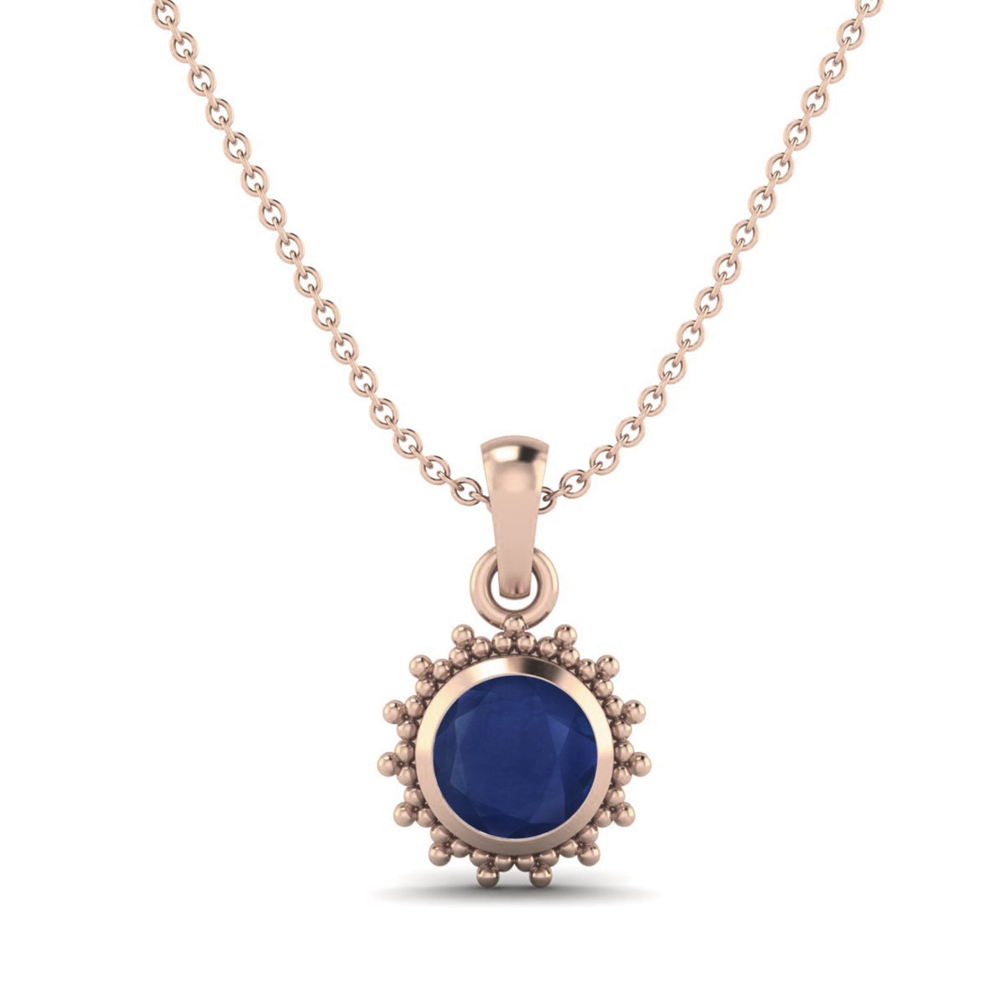Blue Sapphire Round 1.20 Ct Vintage Beaded Halo Design Necklace -14k Yellow Gold-2