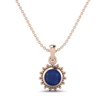 Blue Sapphire Round 1.20 Ct Vintage Beaded Halo Design Necklace -14k Yellow Gold-2