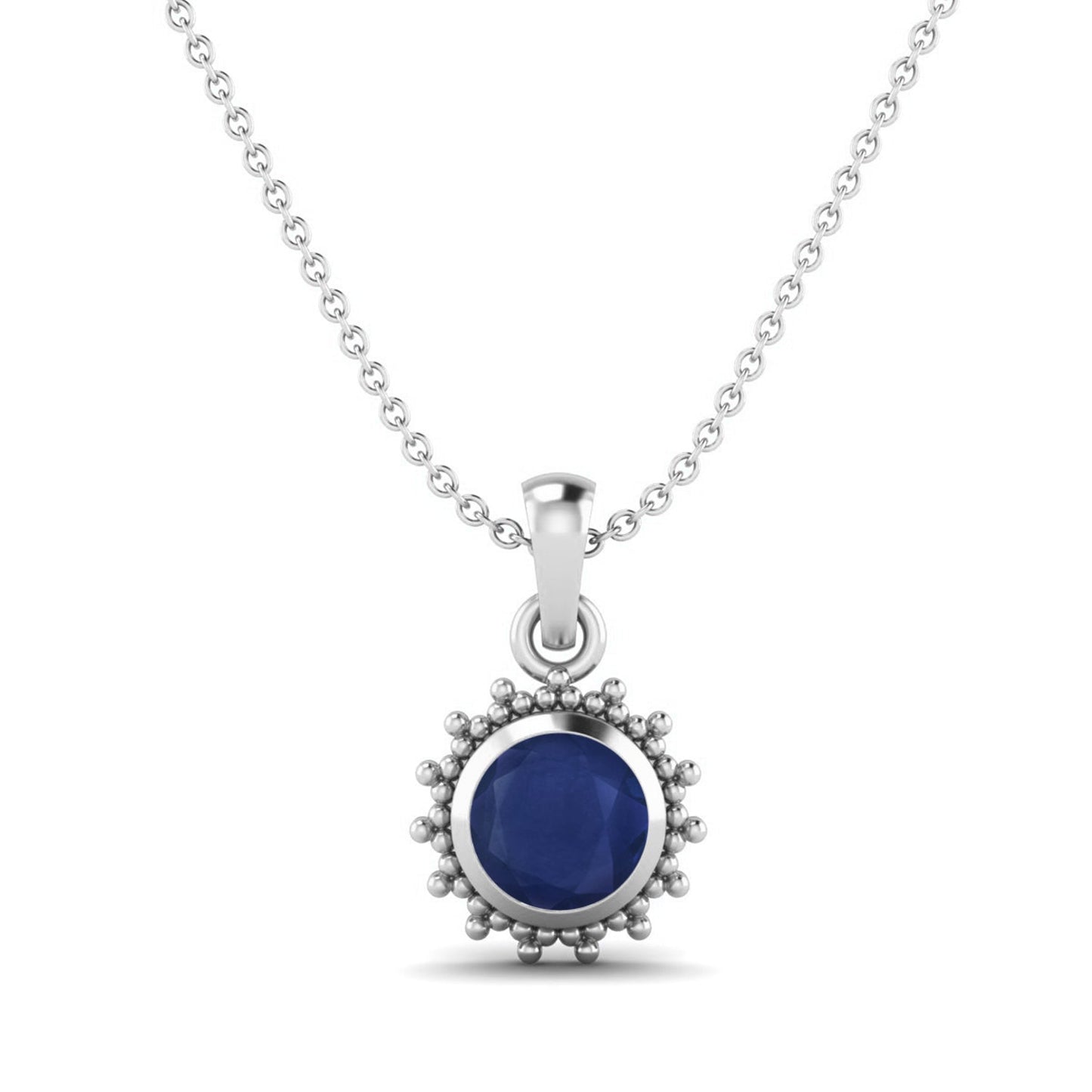 Blue Sapphire Round 1.20 Ct Vintage Beaded Halo Design Necklace -14k Yellow Gold-4