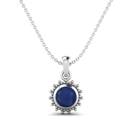 Blue Sapphire Round 1.20 Ct Vintage Beaded Halo Design Necklace -14k Yellow Gold-4