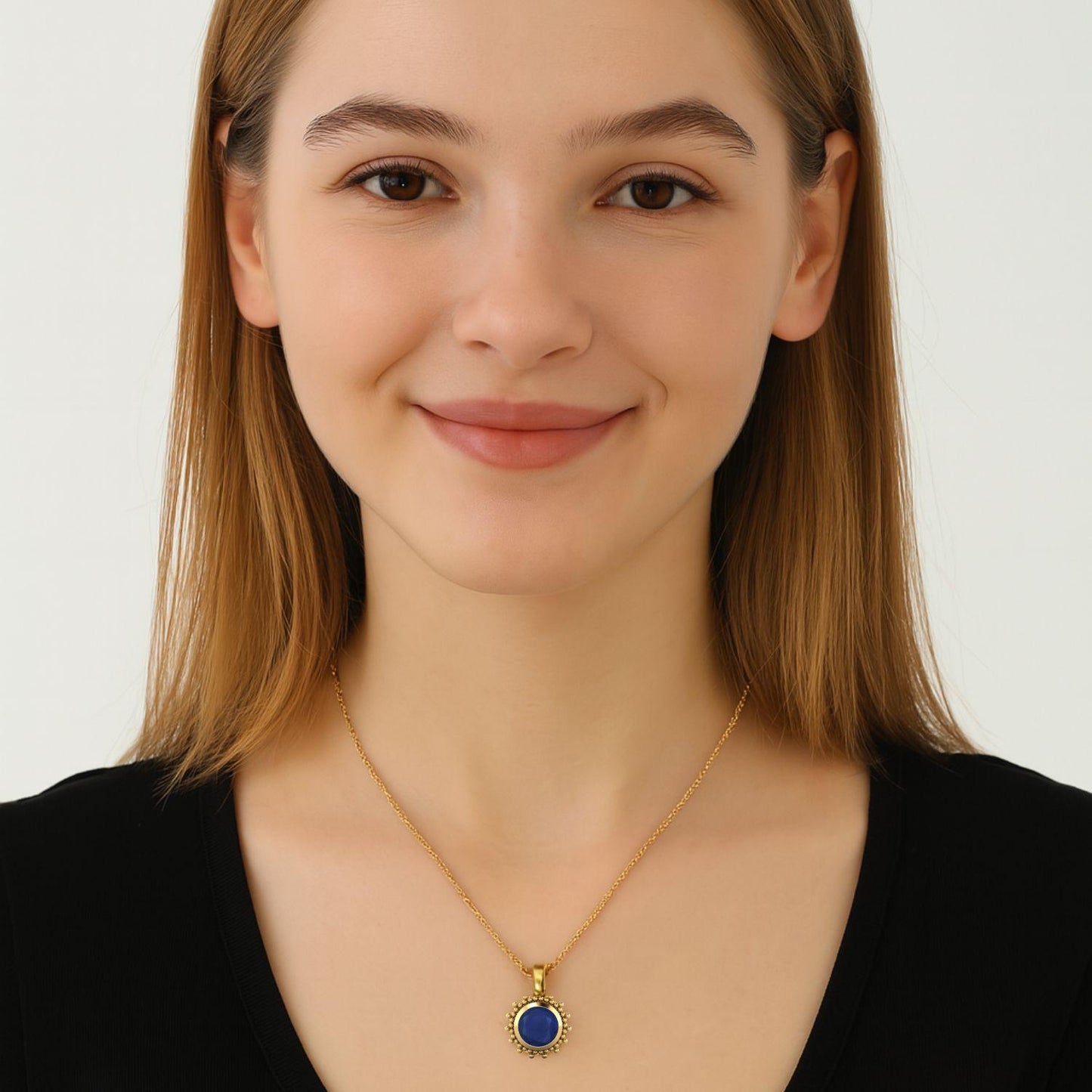 Blue Sapphire Round 1.20 Ct Vintage Beaded Halo Design Necklace -14k Yellow Gold-1