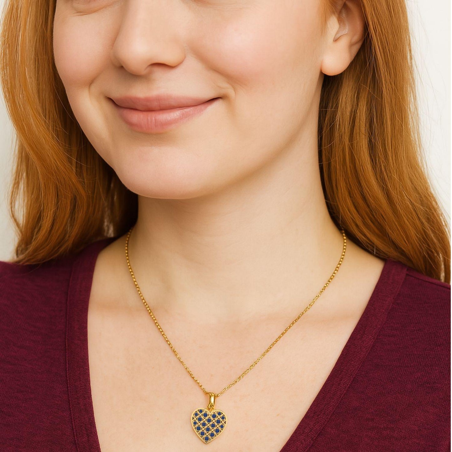 Blue Sapphire 1.05 Ct mm Round Cluster Lattice Heart Necklace - 14k Yellow Gold-1