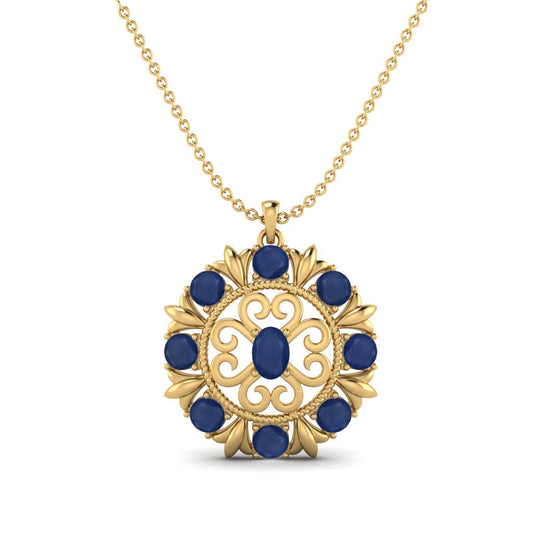 Blue Sapphire Oval 1.20 Ct Vintage Floral Medallion Necklace - 14k Yellow Gold-0