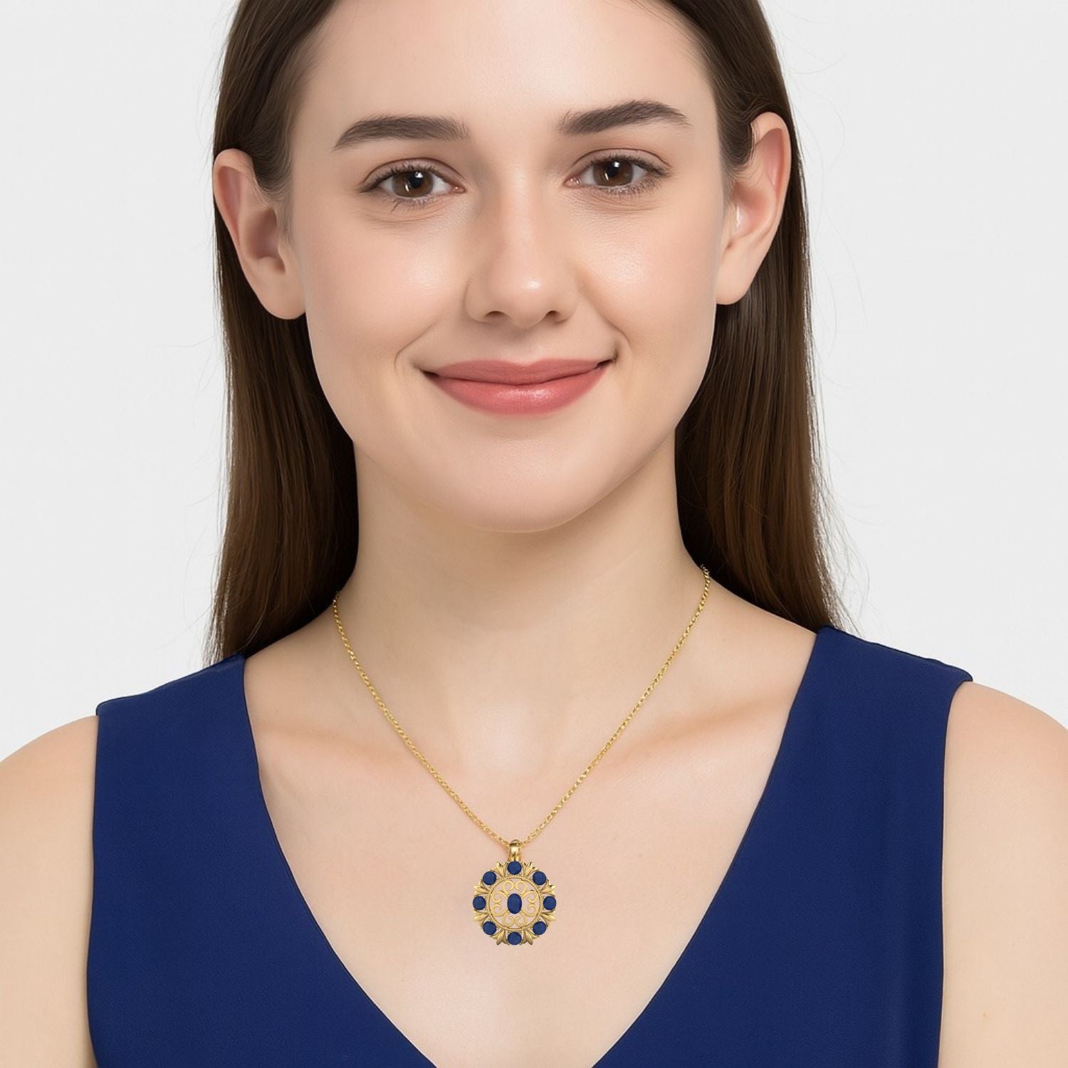 Blue Sapphire Scrollwork Design Pendant - 9K Yellow Gold-1