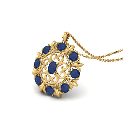 Blue Sapphire Scrollwork Design Pendant - 9K Yellow Gold-2