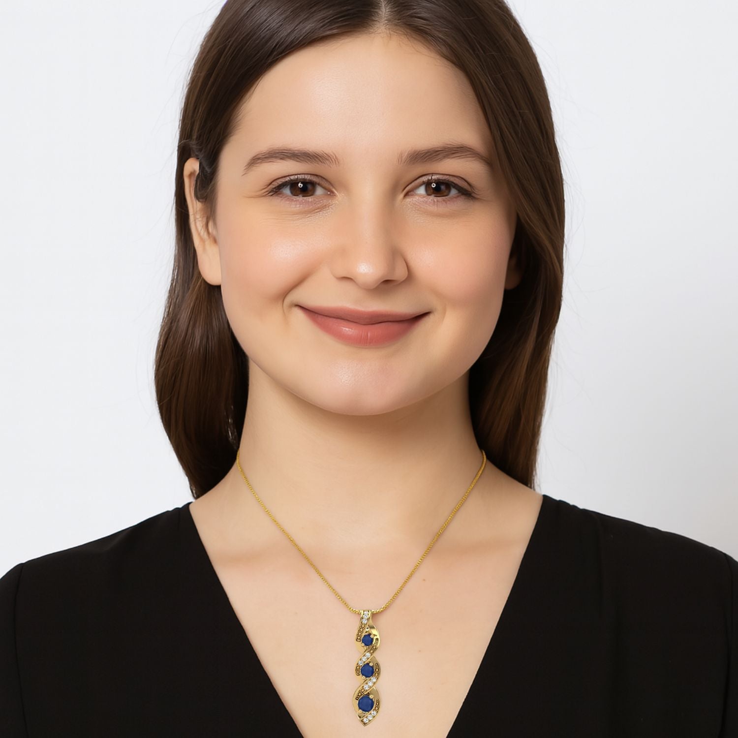 Blue Sapphire 0.40 Ct Round & Accent Stones Twist Necklace - 14k Yellow Gold-1