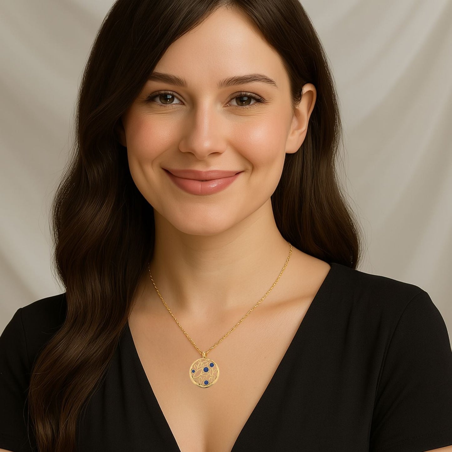 Blue Sapphire Leaf Filigree Pendant - 9K Yellow Gold-1